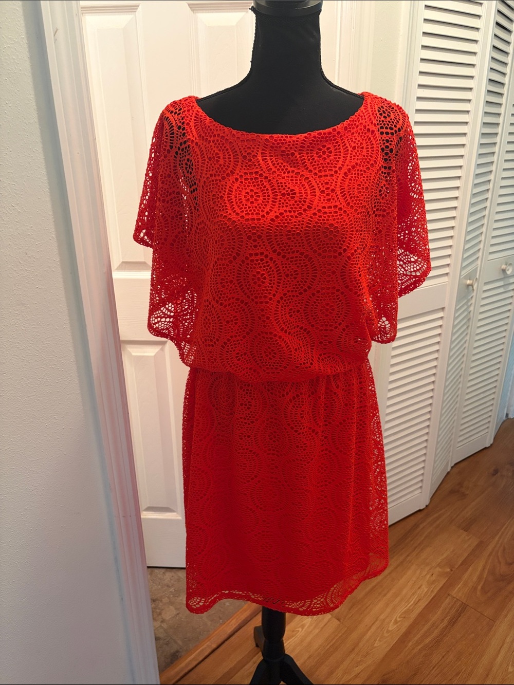 Emma & Michele Coral Red Crochet Overlay Women’s Dress